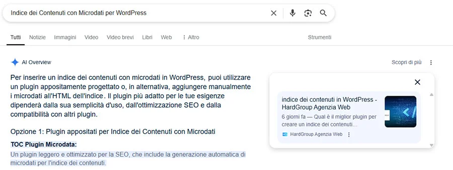Esempio di Ricerca Google SGE tramite tecniche AEO (Answer Engine Optimization),
