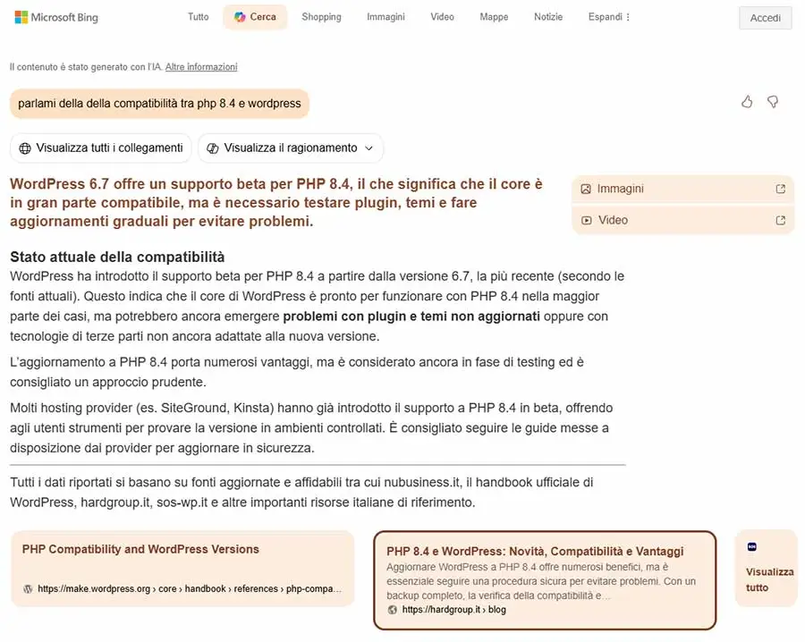 Esempio di Ricerca Copilot bing tramite tecniche AEO (Answer Engine Optimization)