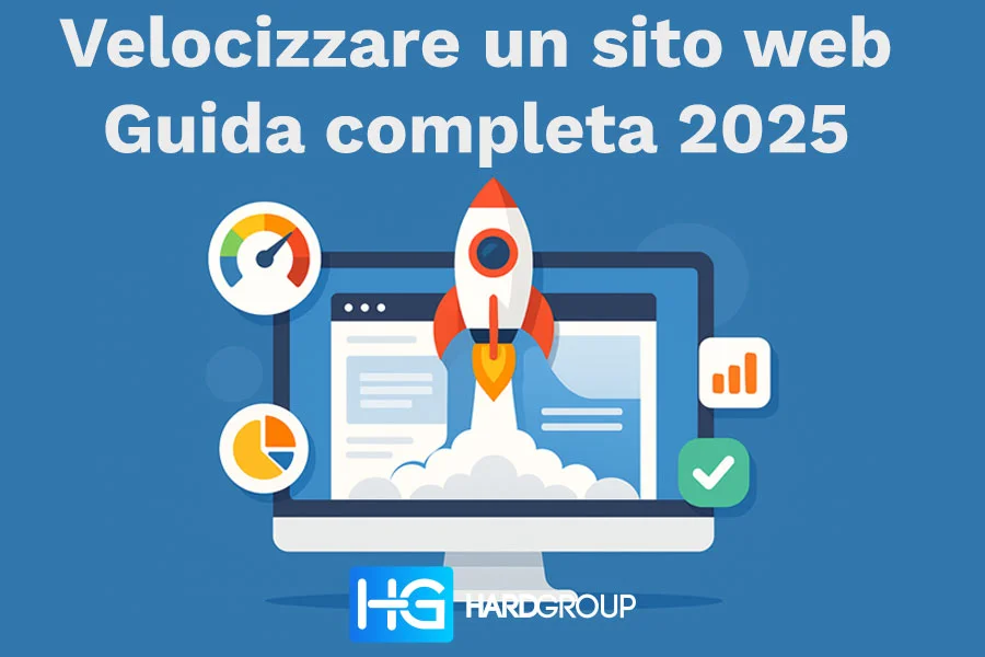 Illustrazione flat design con razzo che parte da monitor, simbolo di ottimizzazione per velocizzare un sito web e performance SEO.